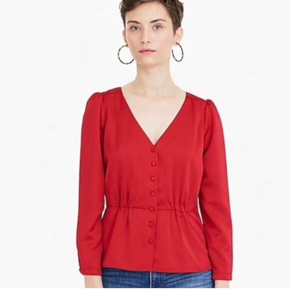 J. Crew Red Satin Peplum Crepe Top button front - Picture 1 of 10